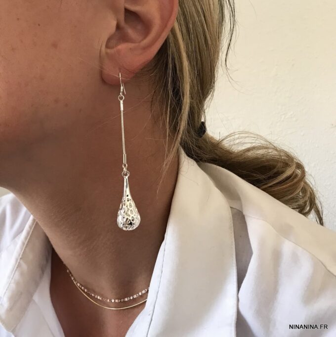 N4344c boucles d'oreilles pendantes goutte filigranées plaqué argent - Bijoux Boucles d'oreilles en ligne Ninanina