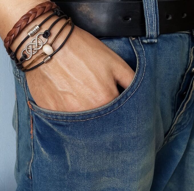 N4346b Bracelet cordon artisanal avec noeud coulissant grosse Perle blanche et disques Argent 925 - Bijoux Bracelets en ligne Ninanina