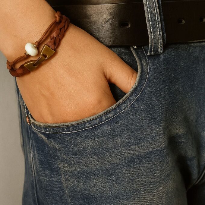 N4346c Bracelet cordon artisanal avec noeud coulissant grosse Perle blanche et disques Argent 925 - Bijoux Bracelets en ligne Ninanina