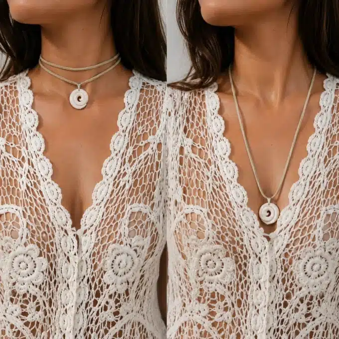 N4350c Collier coquillage femme artisanal sur cordon cuir réglable - Bijoux colliers femmes en ligne ninanina