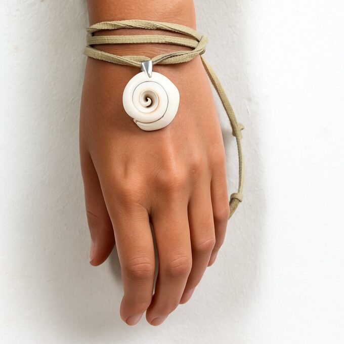 N4351a Bracelet artisanal multi tours coquillage et Acier inoxydable sur lacet de daim véritable - Bijoux bracelets en ligne Ninanina