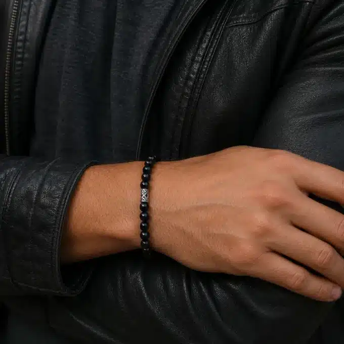 N4377a Bracelet homme perle bois et Argent 925 massif elastique - Bijoux bracelets hommes en ligne Ninanina