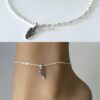 Chaîne de cheville fine pour femme en argent 925 massif avec pendentif plume - Bijou fait main en France signé Ninanina