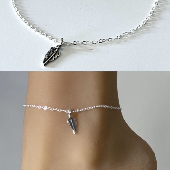Chaîne de cheville fine pour femme en argent 925 massif avec pendentif plume - Bijou fait main en France signé Ninanina