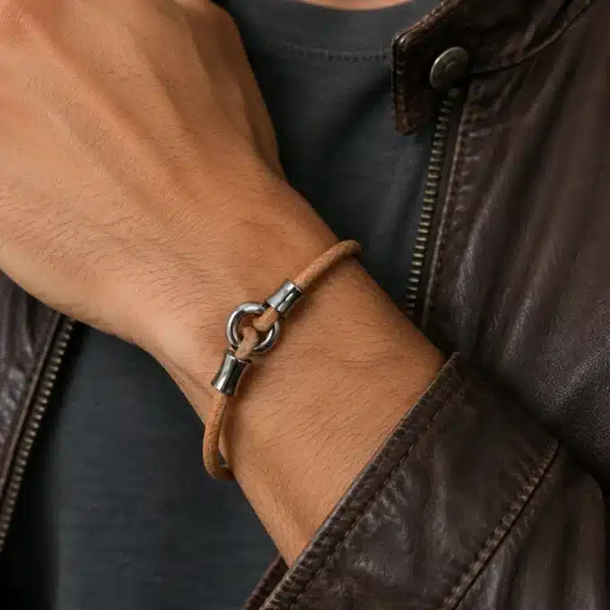 N4385a Bracelet cordon cuir homme anneau Acier inoxydable argent - Bijoux bracelets hommes en ligne Ninanina
