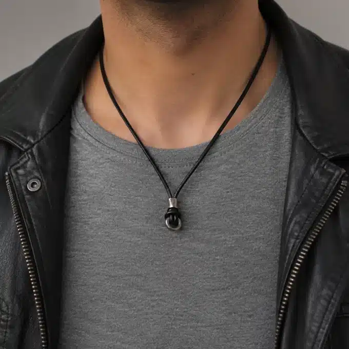 N4386a Collier Homme Anneau Acier inoxydable Argenté Cordon Cuir -Bijoux colliers femmes en ligne Ninanina
