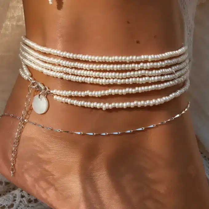 N4387a Bracelet cheville perle de rocaille blanche Argent 925 et nacre - Bijoux de pieds femmes en ligne ninanina
