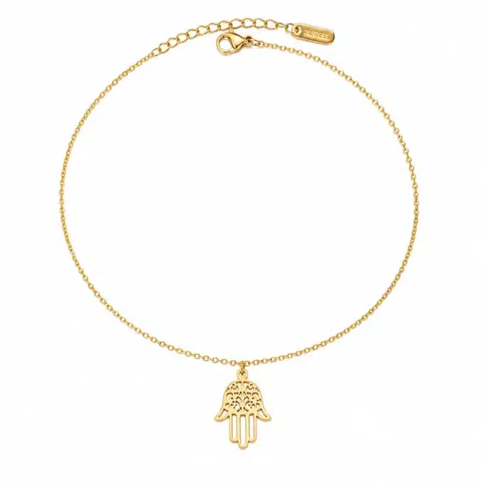 N4421a Chaine de cheville femme pendentif main de fatma acier doré - Bijoux de pieds femmes en ligne Ninanina
