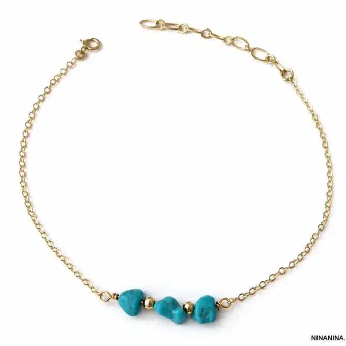N4425 Chaine de cheville turquoise naturelle Plaqué Or femme - Bijoux de pieds femmes en ligne Ninanina
