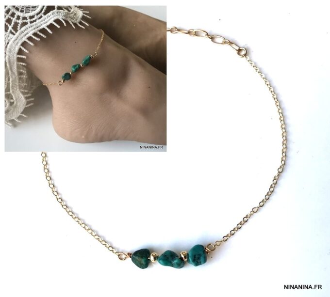 N4425 Chaine de cheville turquoise verte naturelle Plaqué Or - Bijoux de pied en ligne Ninanina