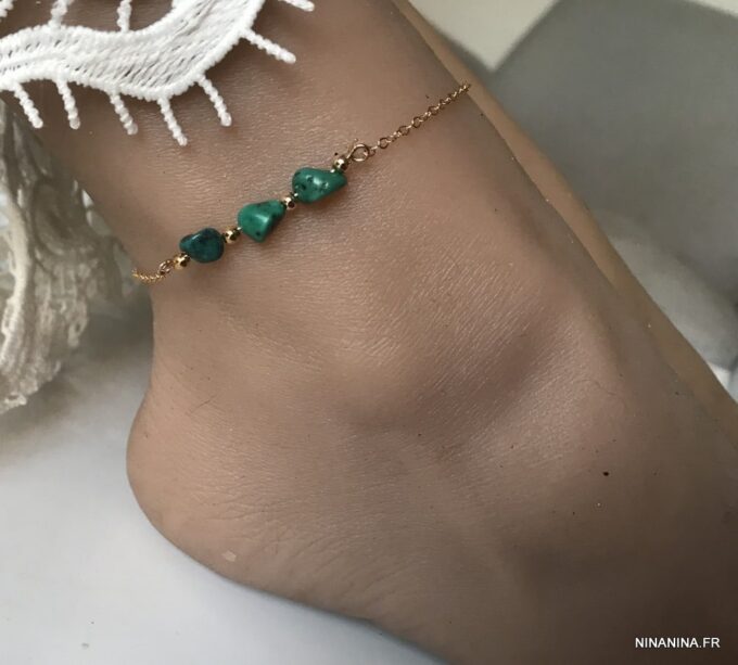 N4425b Chaine de cheville Plaqué Or turquoise verte naturelle femme - Bijoux de pied en ligne Ninanina