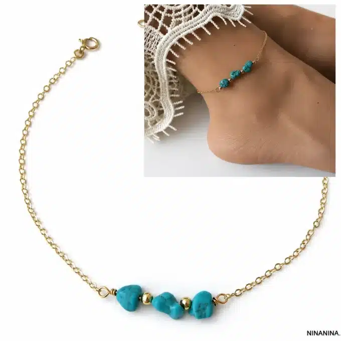 N4425c Chaine de cheville turquoise naturelle Plaqué Or femme - Bijoux de pieds femmes en ligne Ninanina