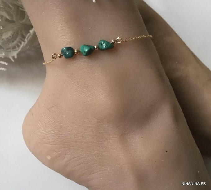 N4425d Chaine de cheville Plaqué Or turquoise verte naturelle femme - Bijoux de pied en ligne Ninanina