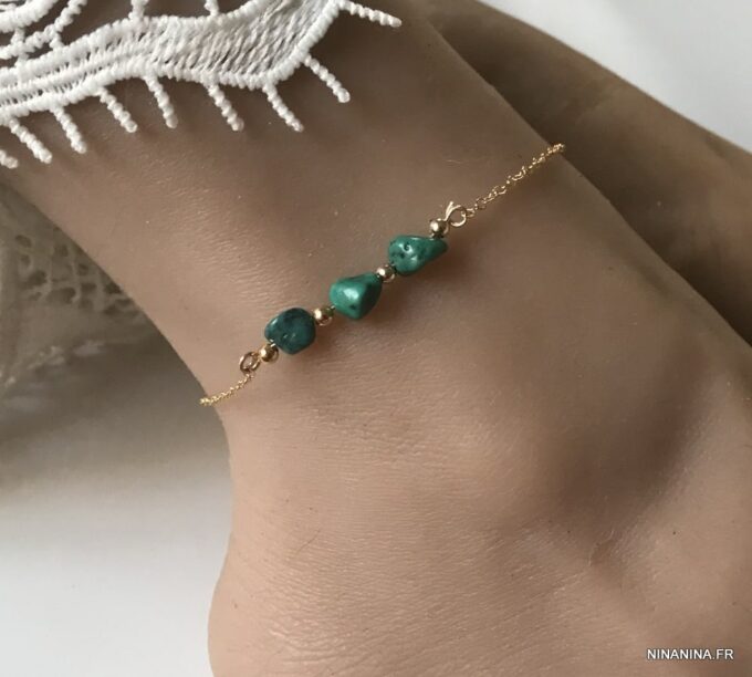 N4425h Chaine de cheville Plaqué Or turquoise verte naturelle femme - Bijoux de pied en ligne Ninanina