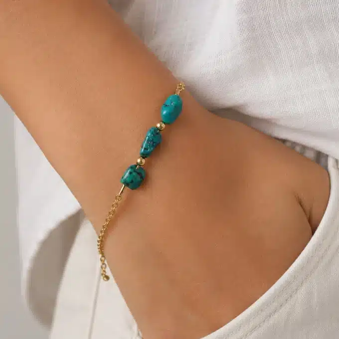 N4426 Bracelet fin Plaqué Or Et Turquoises naturelles femme - Bijoux bracelets femmes en ligne Ninanina
