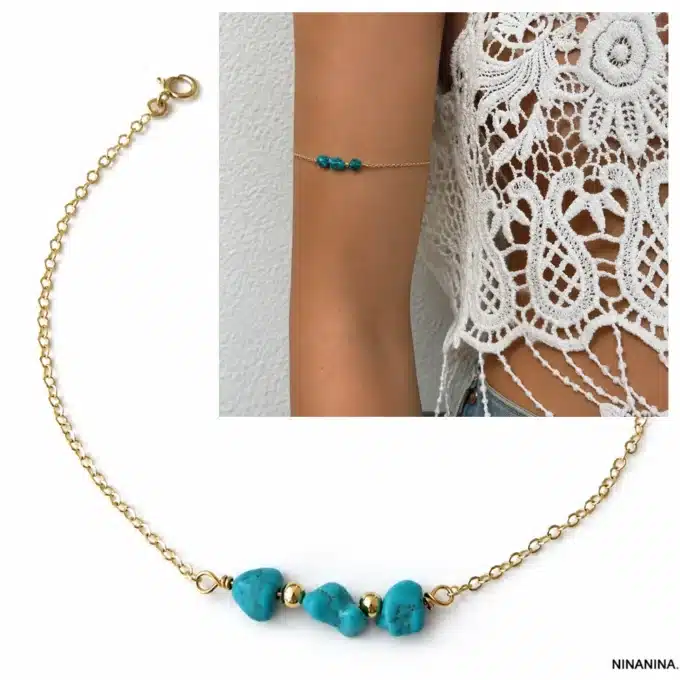 N4427d Bracelet de biceps femme Plaqué Or Turquoise naturelle - Bijoux bracelets femmes en ligne Ninanina