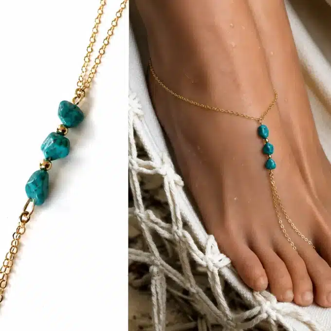N4428b Chaine de pied Plaqué Or femme Turquoise naturelle - Bijoux de piedsfemmes en ligne Ninanina