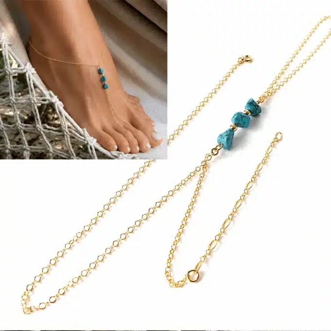 N4428c Chaine de pied Plaqué Or femme Turquoise naturelle - Bijoux de piedsfemmes en ligne Ninanina