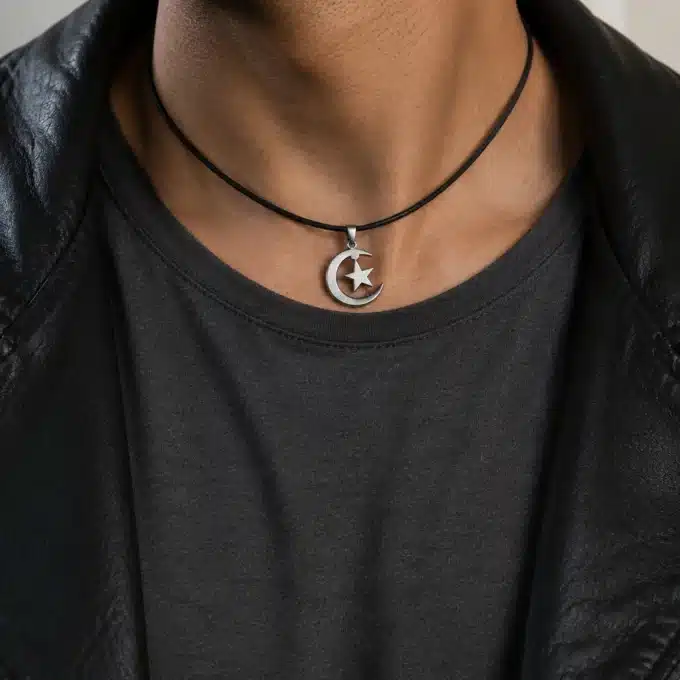 N4433a Collier Pendentif Algérie homme Acier inoxydable cordon cuir - Bijoux colliers hommes en ligne Ninanina