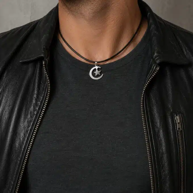 N4433c Collier Pendentif Algérie homme Acier inoxydable cordon cuir - Bijoux colliers hommes en ligne Ninanina