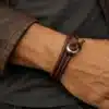 N4439 Bracelet homme gros cordon cuir enroulé bouton Acier argenté - Bijoux bracelets hommes en ligne Ninanina