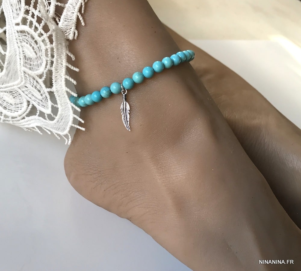 Bracelet cheville bleu turquoise naturelle argent femme - Ninanina