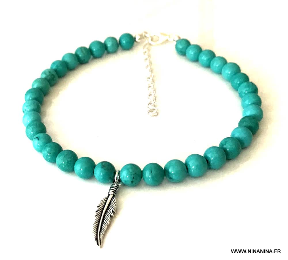 Bracelet cheville bleu turquoise naturelle argent femme - Ninanina