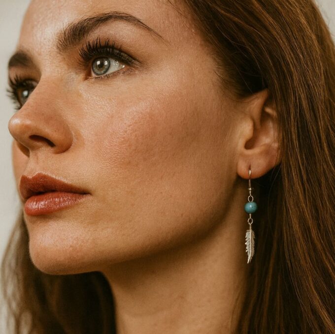 N4444 Boucles D'oreilles Turquoise ronde femme artisanales - pendentif plume argent 925 - Bijoux d'oreille en ligne Ninanina