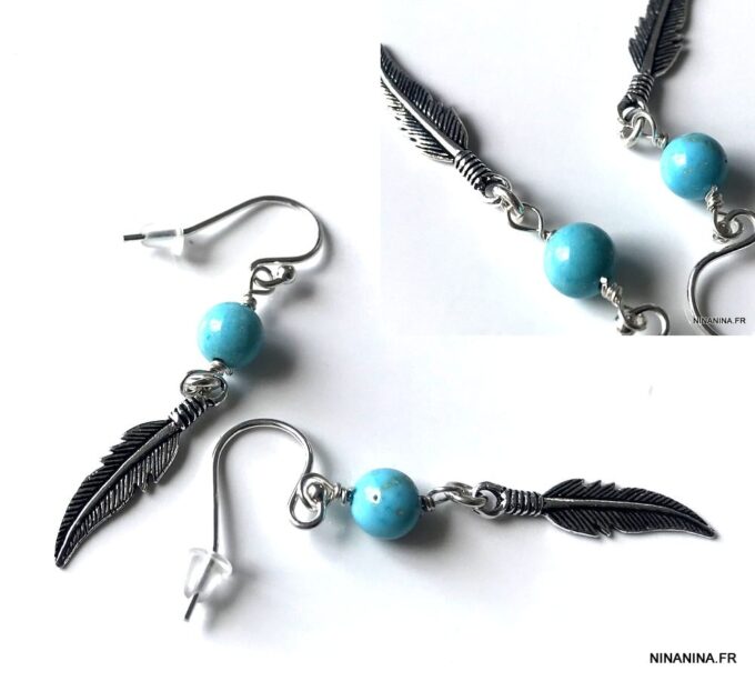 N4444a Boucles D'oreilles Turquoise véritable plume argent 925 - Bijoux Boucles d'oreilles en ligne Ninanina