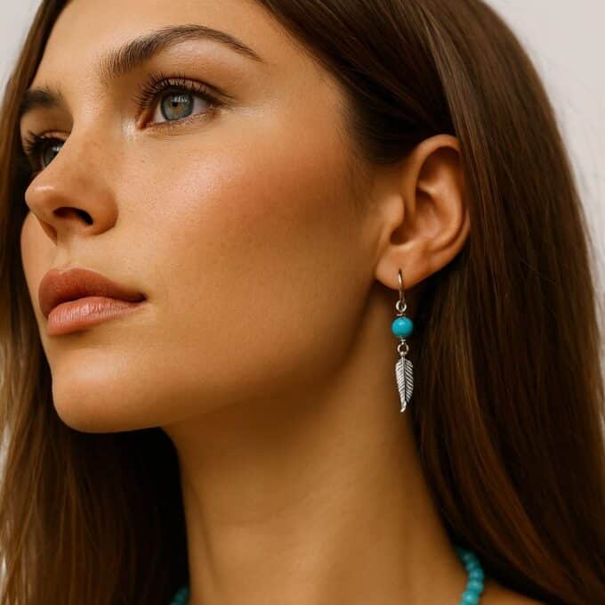 N4444b Boucles D'oreilles Turquoise ronde femme artisanales - pendentif plume argent 925 - Bijoux d'oreille en ligne Ninanina