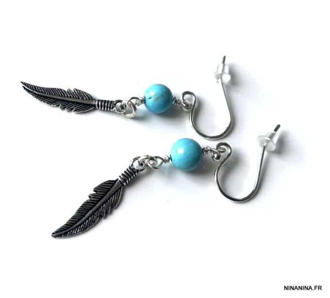 N4444b Boucles D'oreilles Turquoise véritable plume argent 925 - Bijoux Boucles d'oreilles en ligne Ninanina