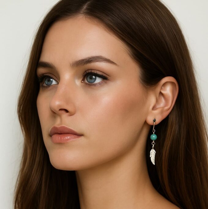 N4444c Boucles D'oreilles Turquoise ronde femme artisanales - pendentif plume argent 925 - Bijoux d'oreille en ligne Ninanina