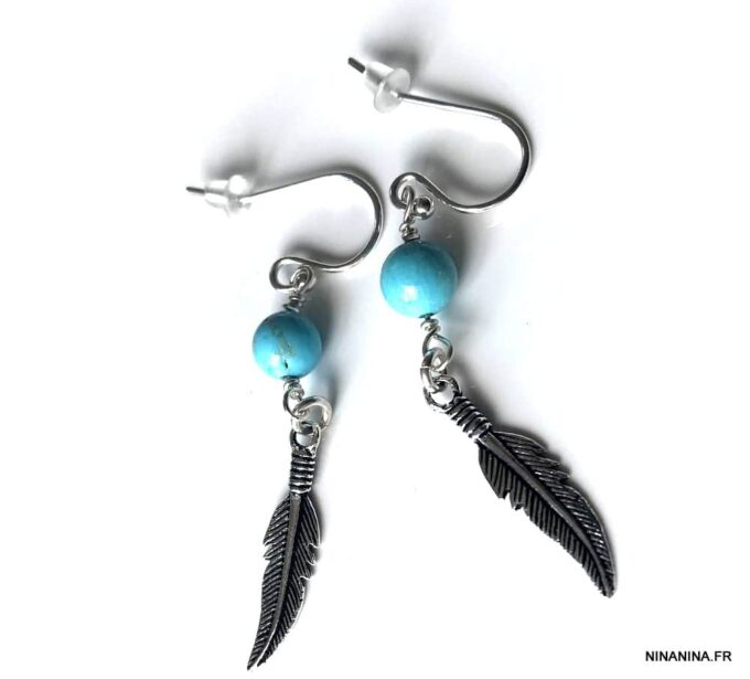 N4444c Boucles D'oreilles Turquoise véritable plume argent 925 - Bijoux Boucles d'oreilles en ligne Ninanina