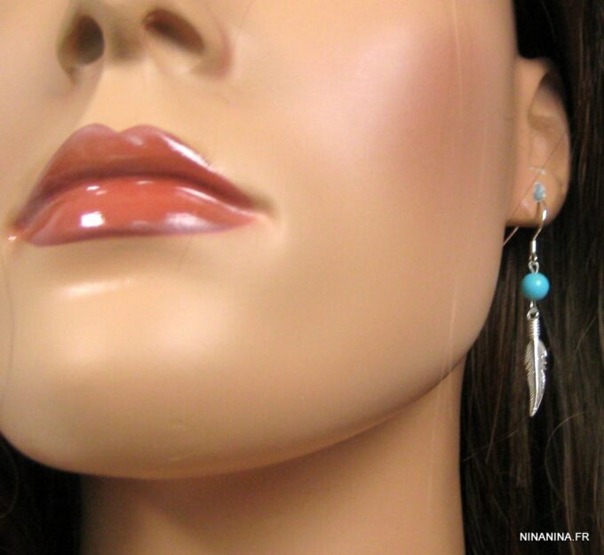 N4444c boucles d'oreilles turquoises et plume argent massif