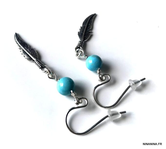 N4444d Boucles D'oreilles Turquoise véritable plume argent 925 - Bijoux Boucles d'oreilles en ligne Ninanina