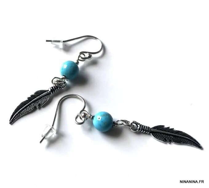 N4444e Boucles D'oreilles Turquoise véritable plume argent 925 - Bijoux Boucles d'oreilles en ligne Ninanina