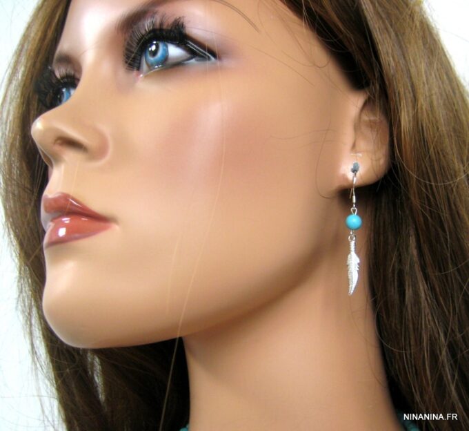 N4444e boucles d'oreilles turquoises et plume argent massif