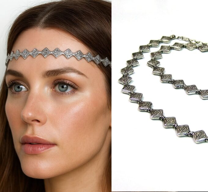 N4446a Headband perles métal argenté de forme rhombus pour femme - Accessoires de coiffure femmes en ligne Ninanina
