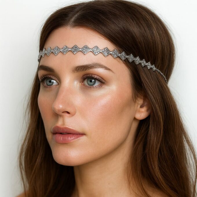 N4446b Headband perles métal argenté de forme rhombus pour femme - Accessoires de coiffure femmes en ligne Ninanina