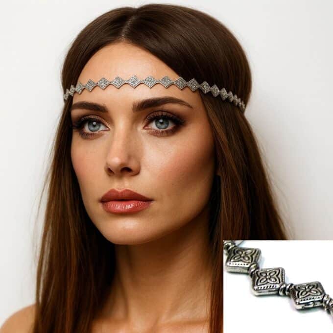 N4446c Headband perles métal argenté de forme rhombus pour femme - Accessoires de coiffure femmes en ligne Ninanina