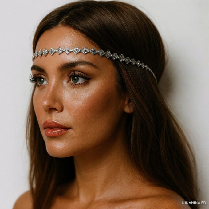 N4446d Headband perles métal argenté de forme rhombus pour femme - Accessoires de coiffure femmes en ligne Ninanina