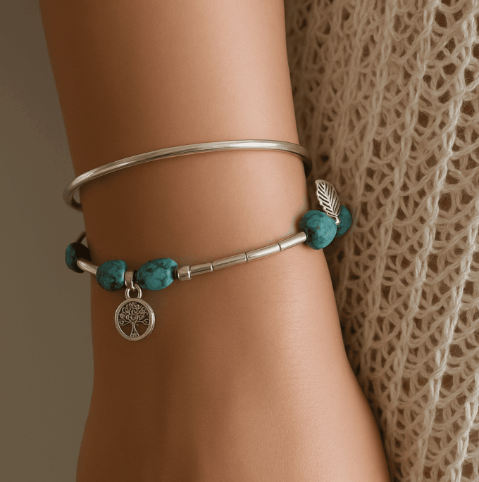 N4449X Bracelet Argent Et Turquoise Femme perles rondes fait main – Bijoux Bracelets femmes en ligne Ninanina