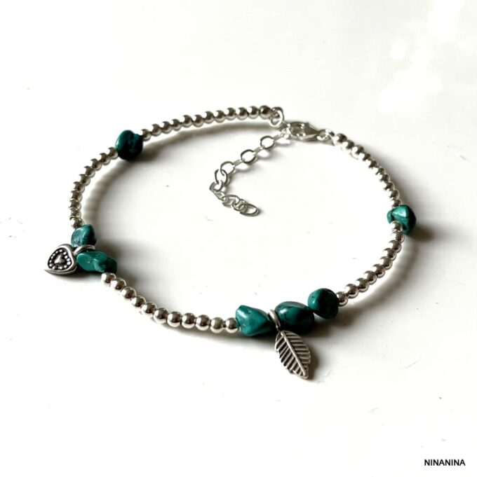N4450 Bracelet Cheville Turquoise Verte Perles Argent 925 Massif Fait Main - Bijoux de pieds en ligne Ninanina