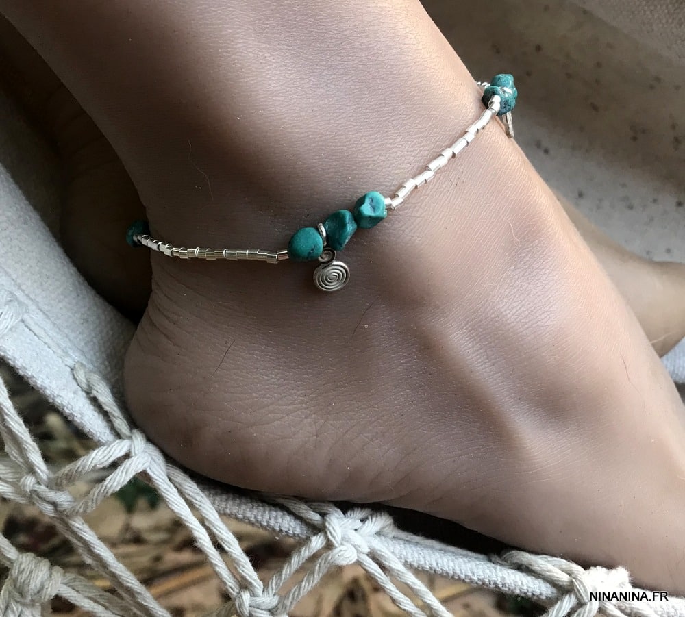 Bracelet cheville bleu turquoise naturelle argent femme - Ninanina