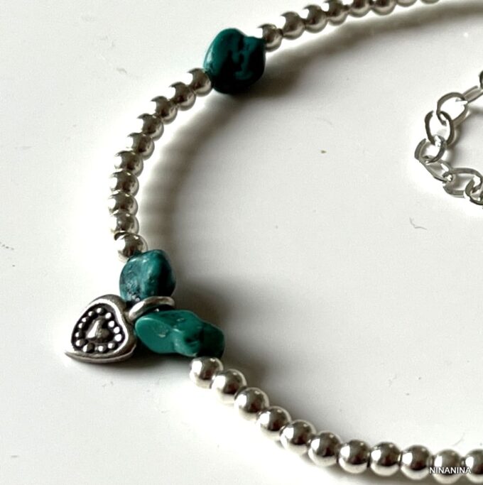 N4450a Bracelet Cheville Turquoise Verte Perles Argent 925 Massif Fait Main - Bijoux de pieds en ligne Ninanina