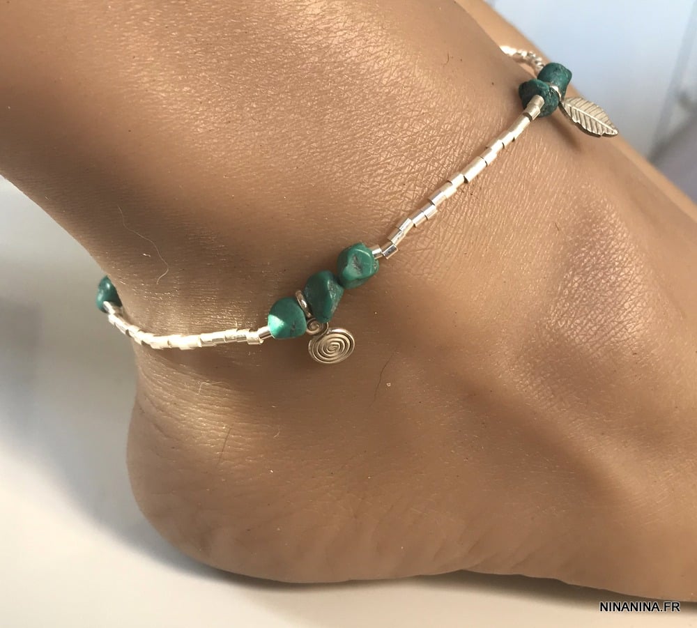 Bracelet cheville bleu turquoise naturelle argent femme - Ninanina