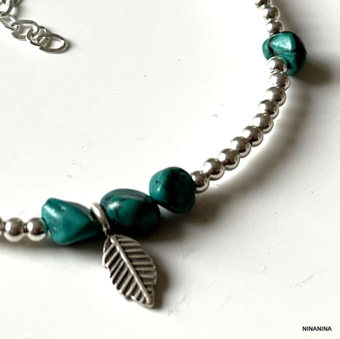 N4450b Bracelet Cheville Turquoise Verte Perles Argent 925 Massif Fait Main - Bijoux de pieds en ligne Ninanina