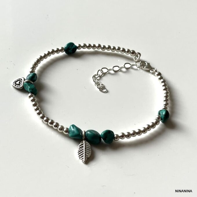 N4450c Bracelet Cheville Turquoise Verte Perles Argent 925 Massif Fait Main - Bijoux de pieds en ligne Ninanina