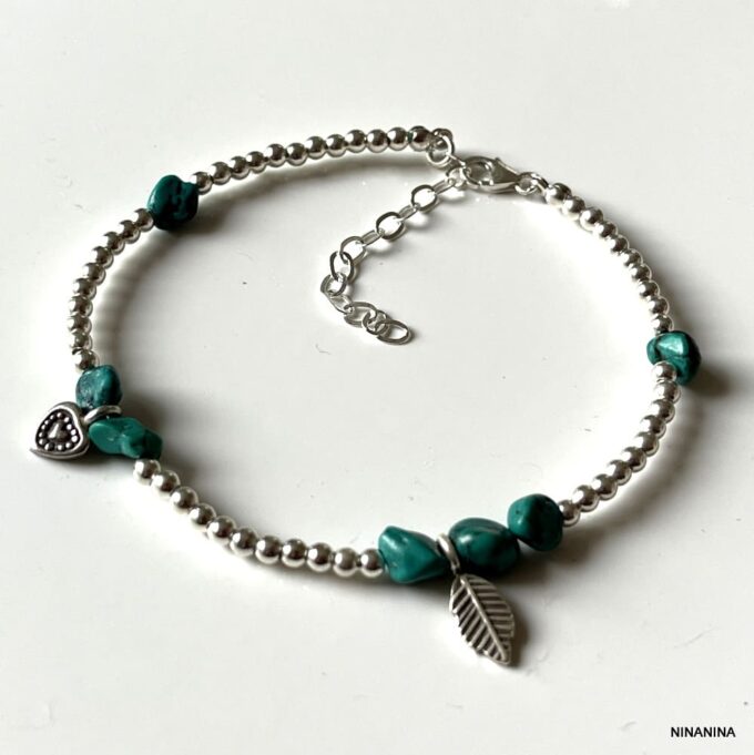 N4450d Bracelet Cheville Turquoise Verte Perles Argent 925 Massif Fait Main - Bijoux de pieds en ligne Ninanina