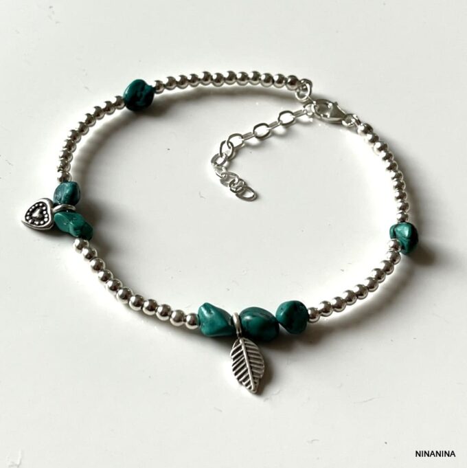 N4450e Bracelet Cheville Turquoise Verte Perles Argent 925 Massif Fait Main - Bijoux de pieds en ligne Ninanina